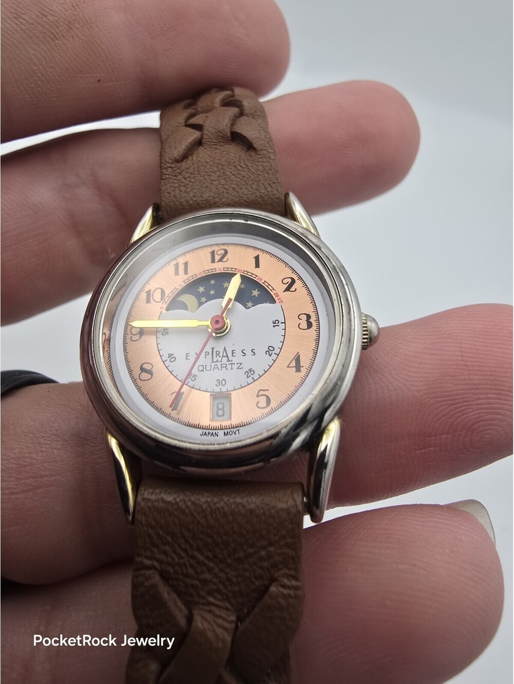 L.A. Express LAX523 Moon Phase Dial Two Tone Braided Leather Quartz Watch